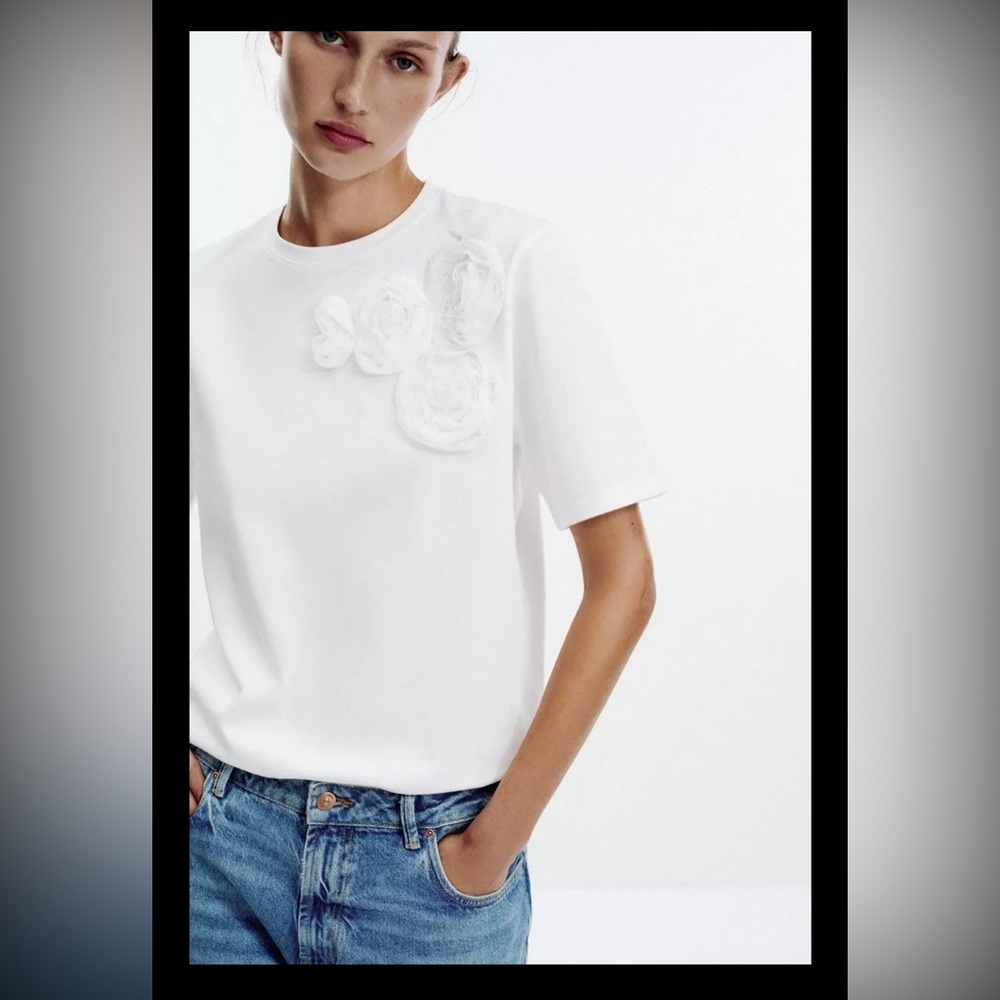 Zara White Tonal Floral T-shirt | Short Sleeves | XL | Cotton | NWT | Rare